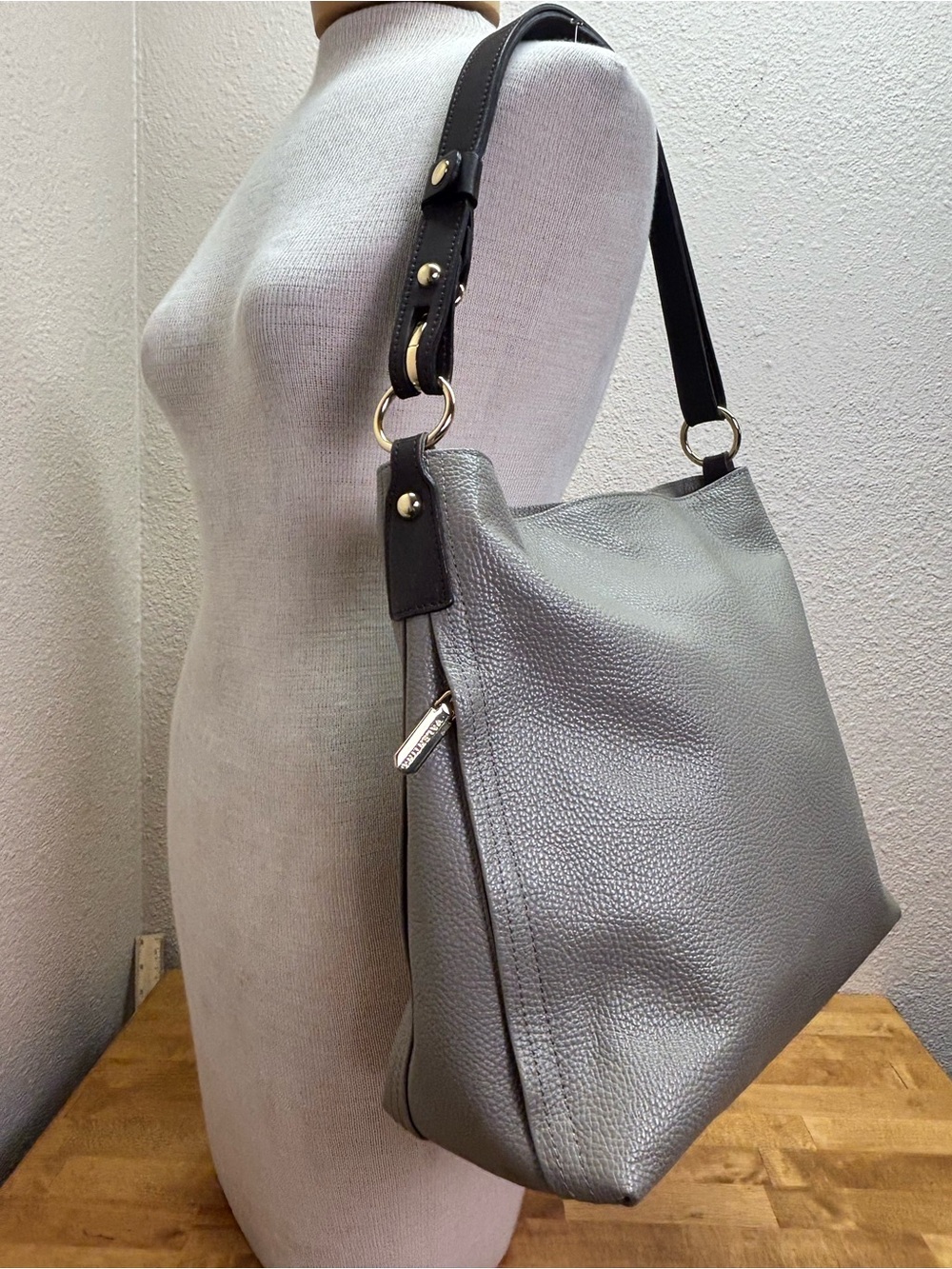 Valentina Gray Pebbled Leather Shoulder Bag with Black Strap - Picture 3 of 15